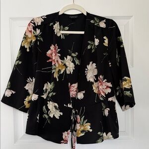 Topshop Black Floral Tie-Front Kimono